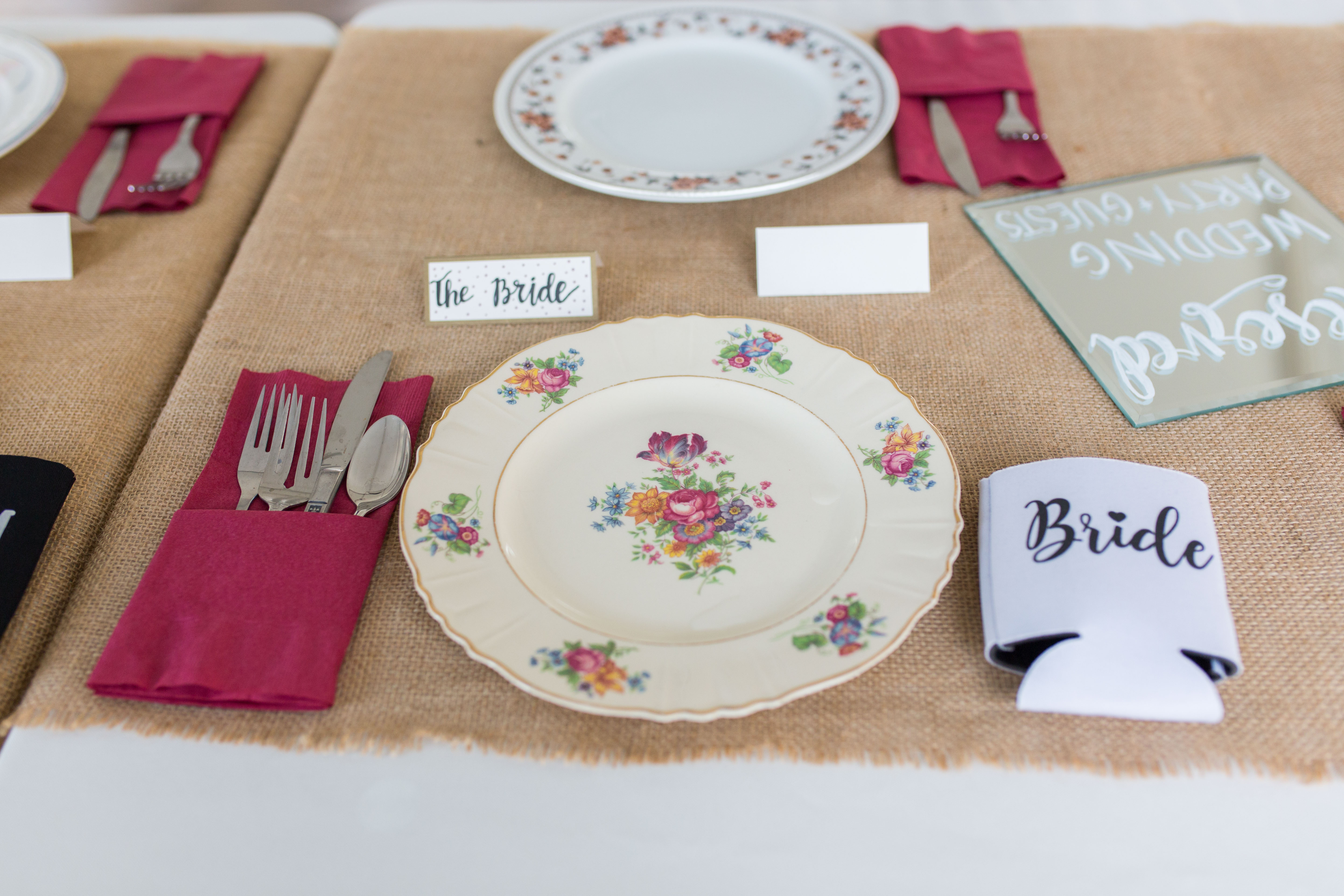 Antique plate set up at wedding reception